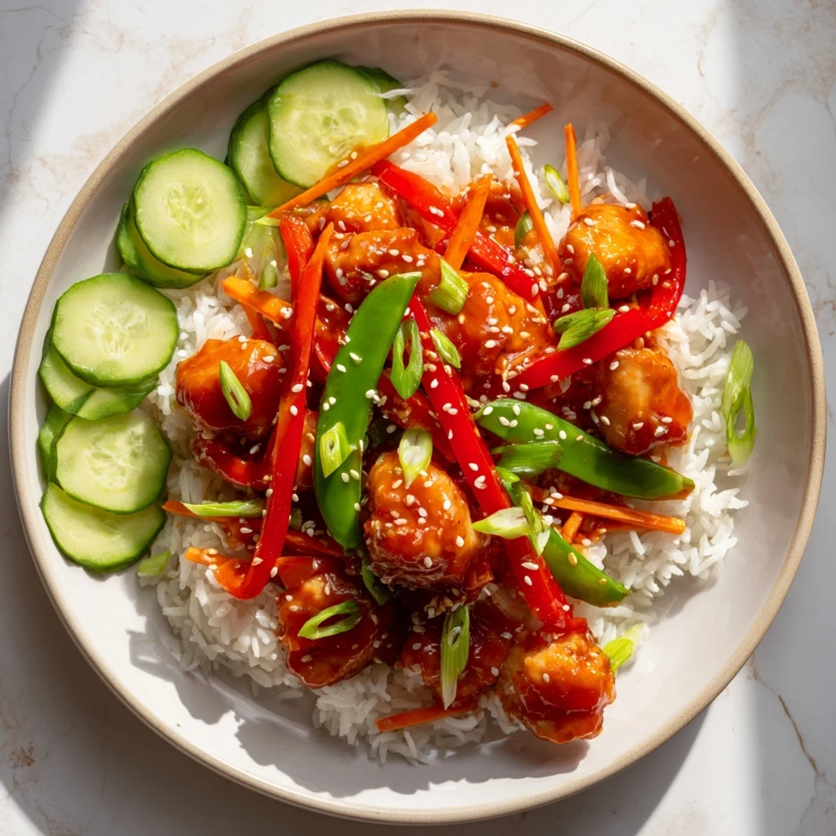 A close-up of Spicy Lunch Bowl Rice featuring juicy chicken pieces, julienned carrots, and sliced cucumbers on a bed of steaming jasmine rice.