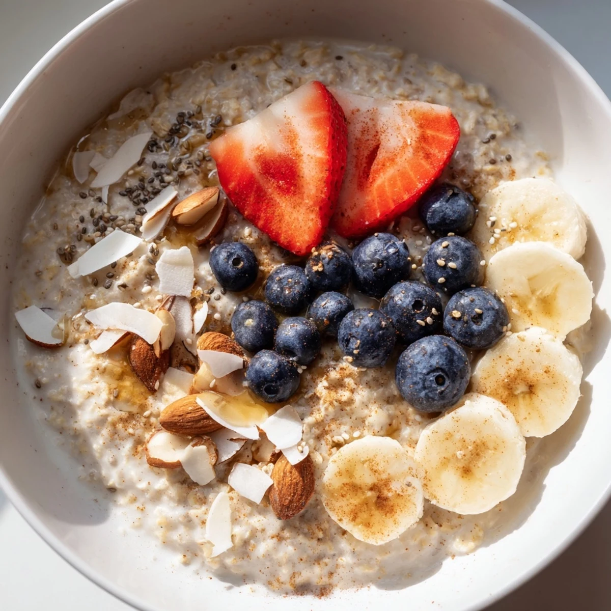 Creamy Breakfast Oats Bowl topped with fresh berries, sliced banana, and crunchy nuts in a white ceramic bowl.