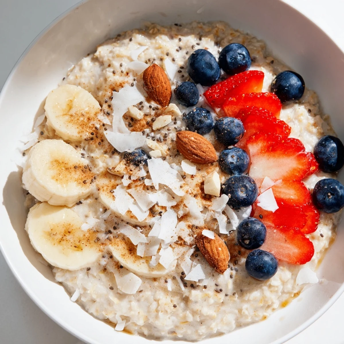 Healthy Creamy Breakfast Oats Bowl served with a side of coffee for a comforting, nutritious morning meal.