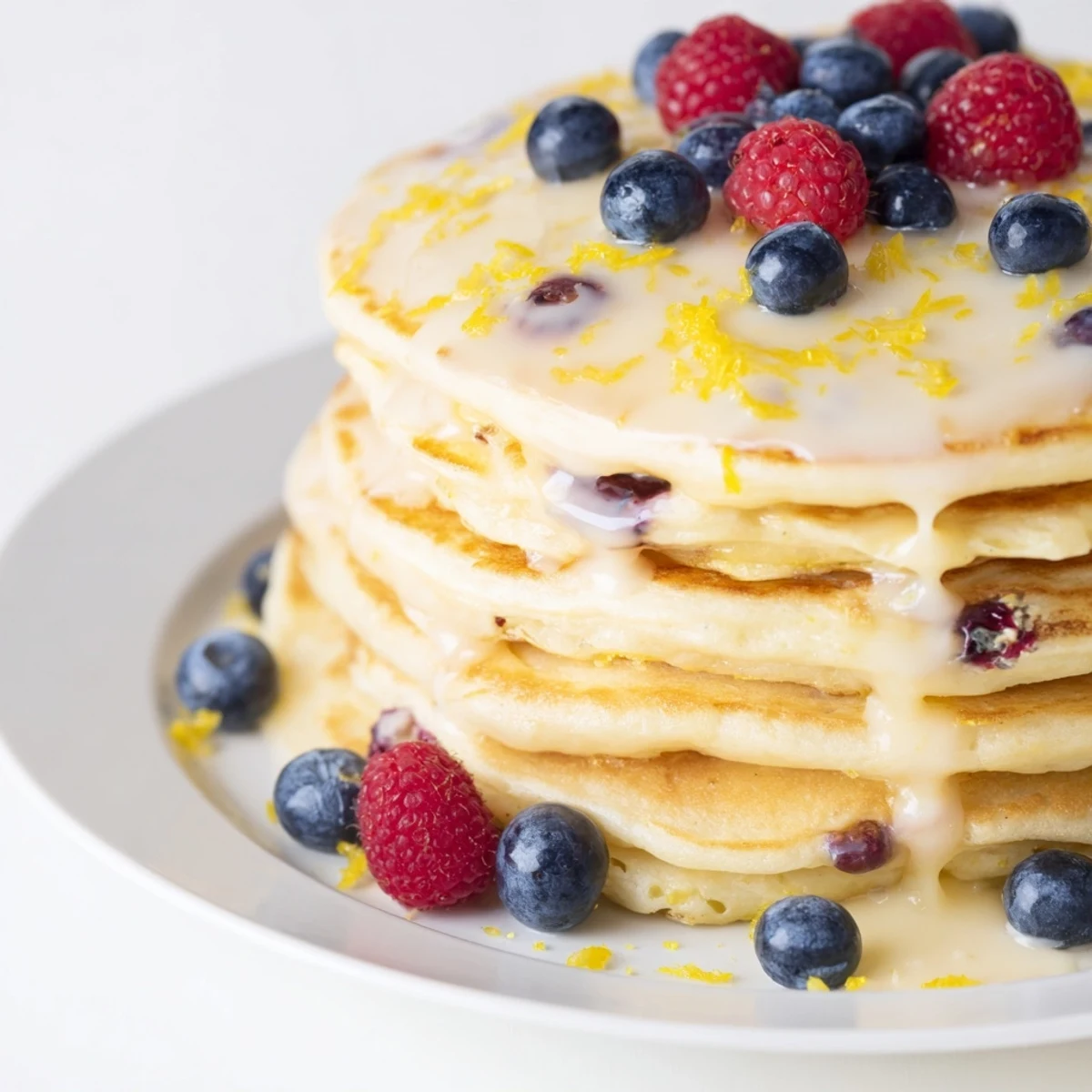 A stack of fluffy golden Lemon Breakfast Pancake Stack topped with a glossy lemon glaze and fresh berries.