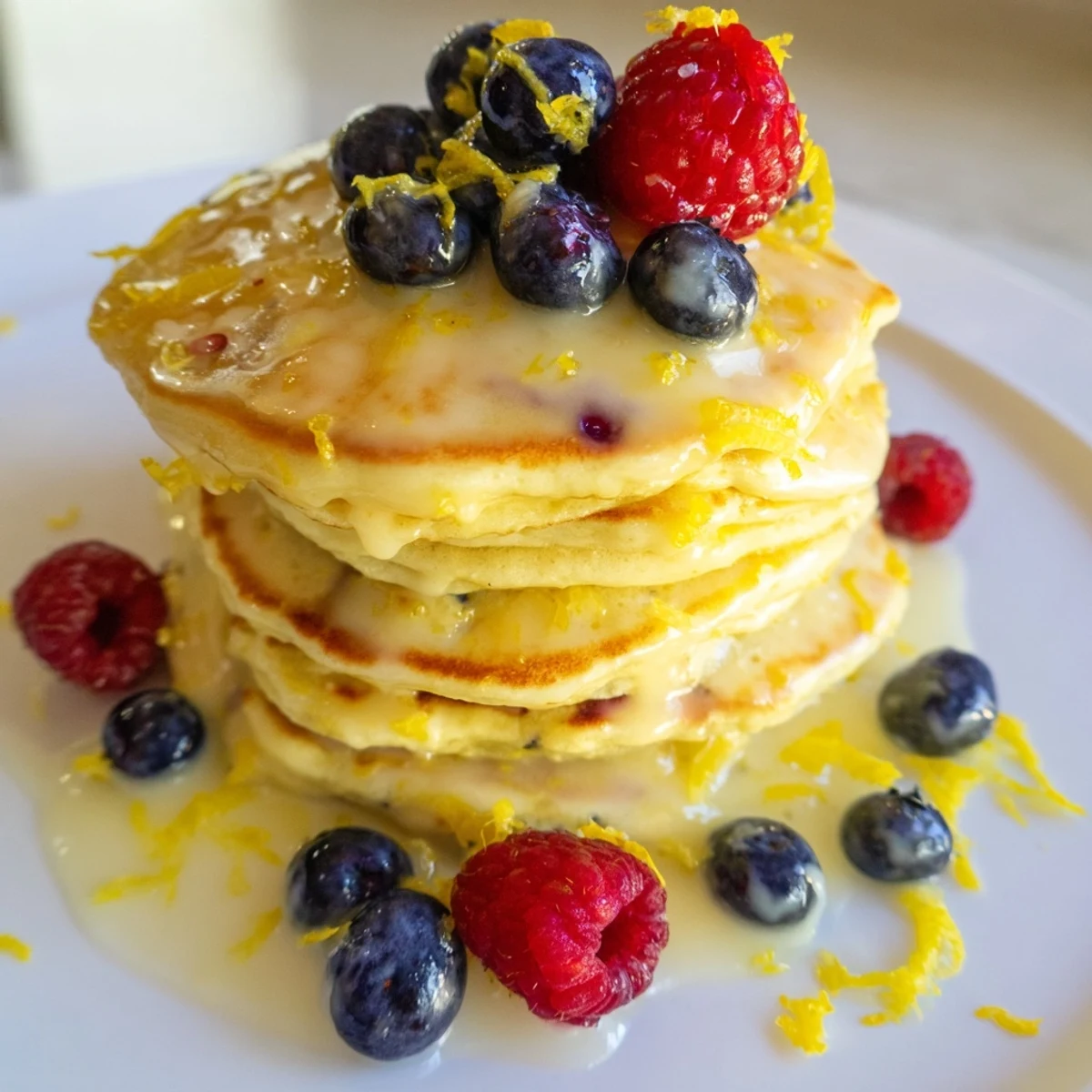 Golden Lemon Breakfast Pancake Stack piled high, dusted with powdered sugar and extra lemon zest beside steaming coffee.