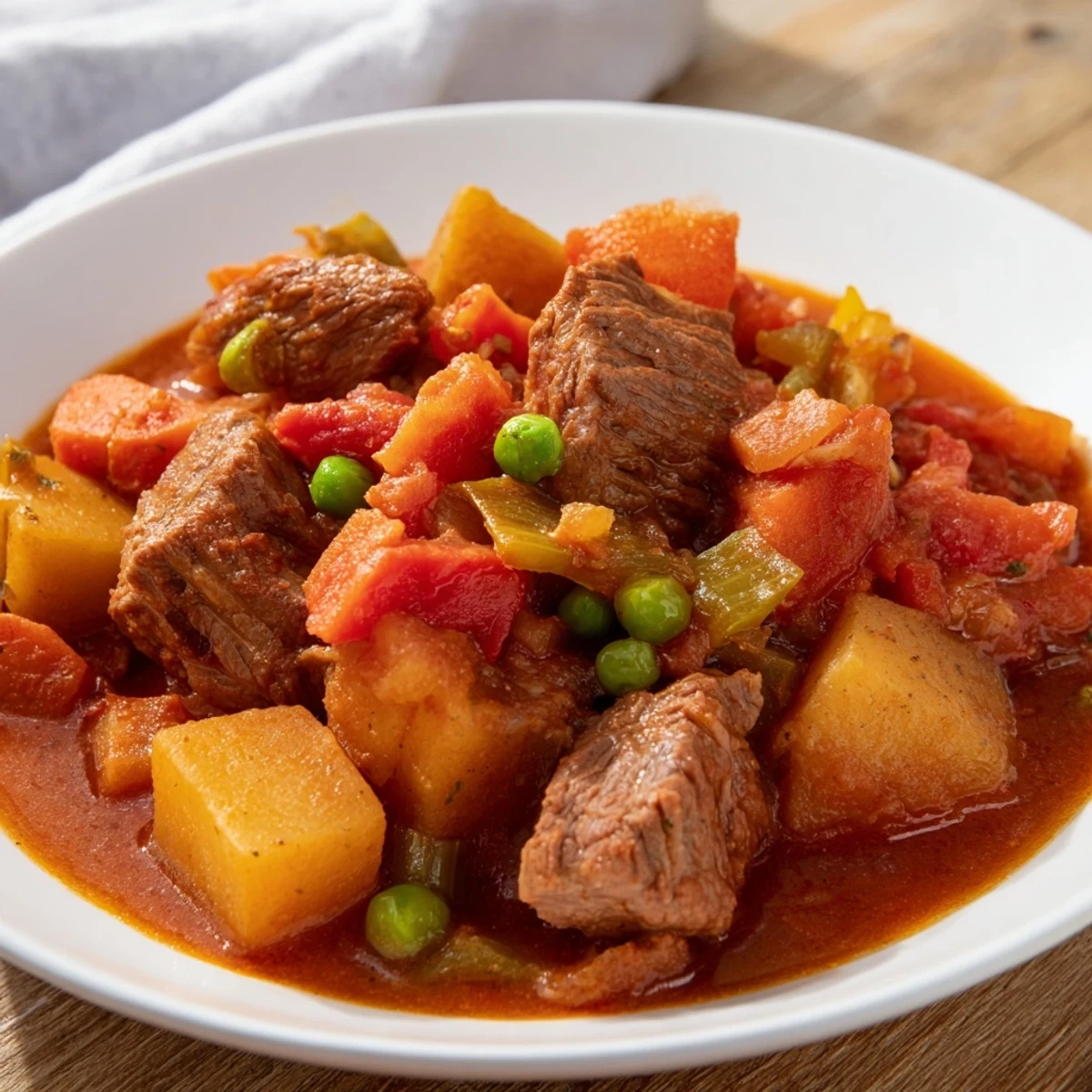 Golden ladle of hearty Slow Cooker Supper Stew Pot served over creamy mashed potatoes with fresh parsley garnish.