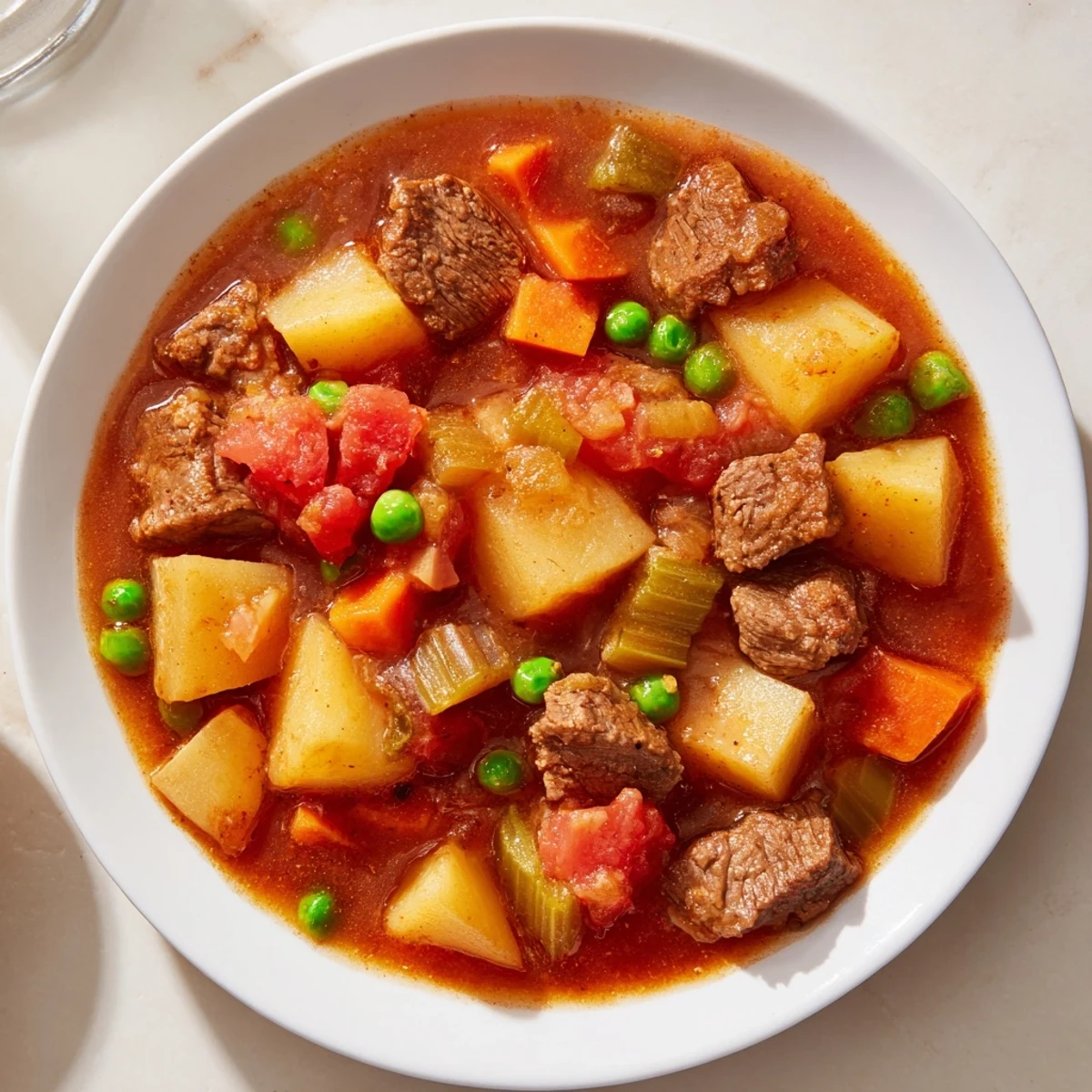 Steamy Slow Cooker Supper Stew Pot bubbles with tender beef chunks, carrots, and potatoes in a rich, savory broth.