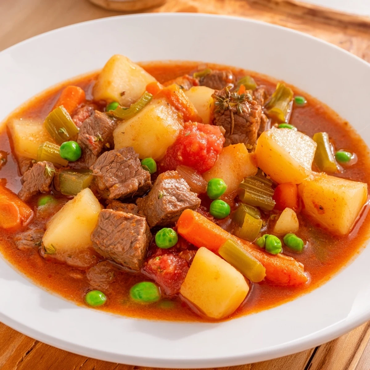 Rustic cast iron bowl of Slow Cooker Supper Stew Pot featuring juicy beef, peas, and thyme, perfect with crusty bread.
