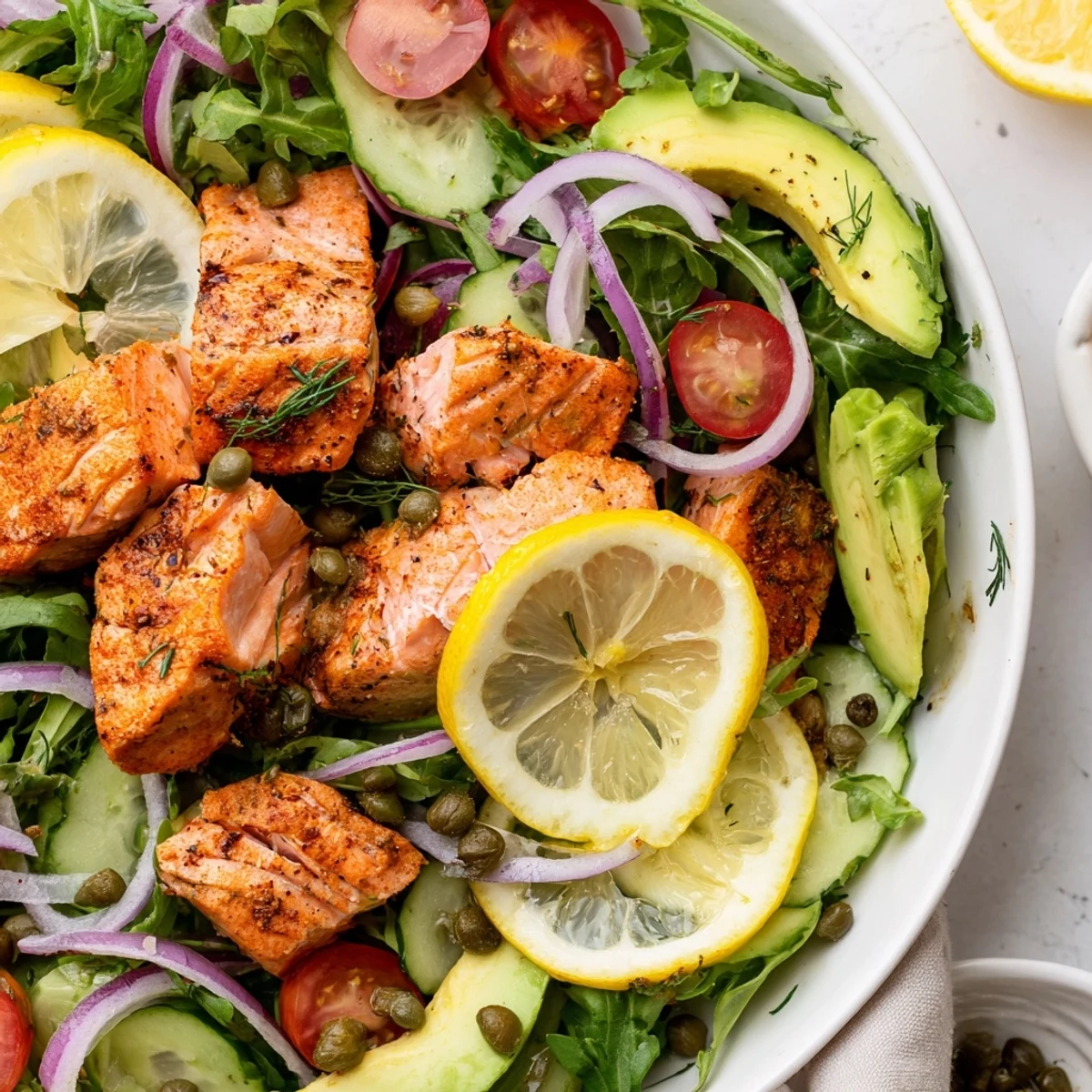Tender salmon fillets flake easily over crisp mixed greens, cucumbers, and red onions in this healthy lunch.