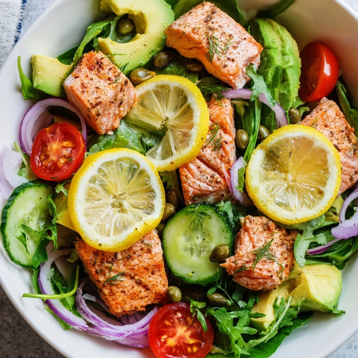 A warm, seasoned baked salmon fillet crowns fresh vegetables and capers, finished with zesty lemon-dill dressing.