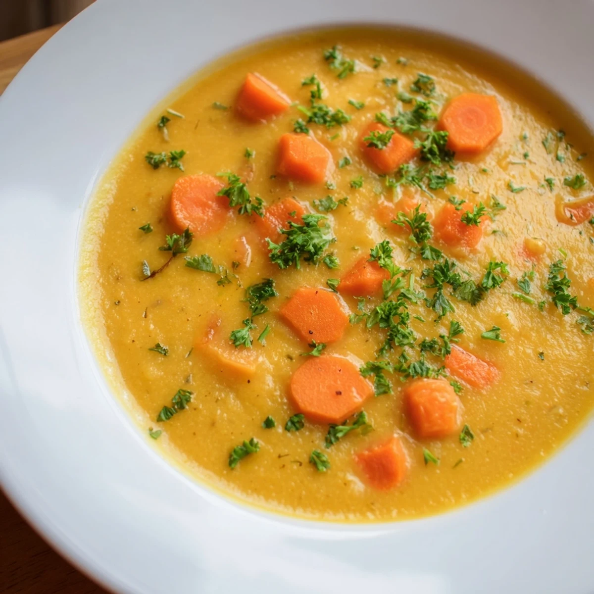 A bowl of Creamy Lunch Soup Bowl with tender zucchini and carrots, beside a slice of crusty artisan bread. 