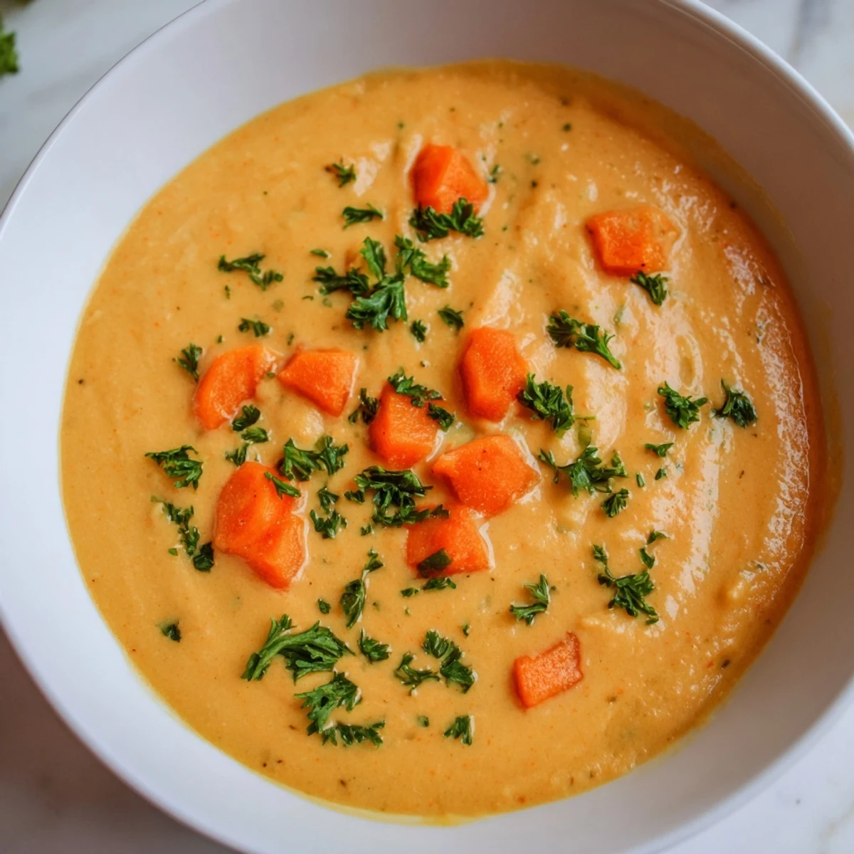 Overhead view of Creamy Lunch Soup Bowl in a rustic bowl, highlighting its velvety texture and chopped parsley garnish.