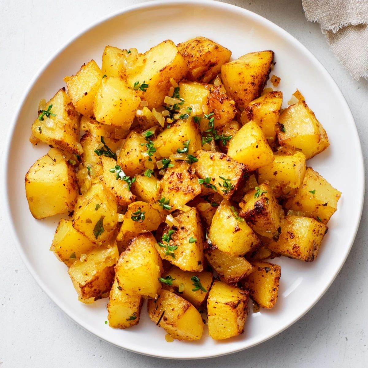 Roasted breakfast potatoes with herbs, served hot as a hearty side alongside eggs