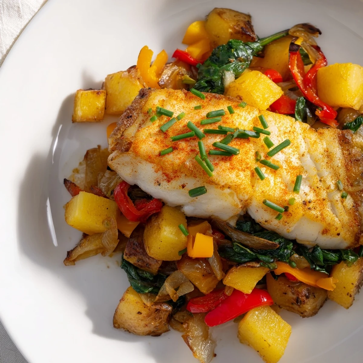 A close-up of Baked Fish Breakfast Hash in a skillet, with golden potatoes, red bell pepper, and tender white fish flakes.