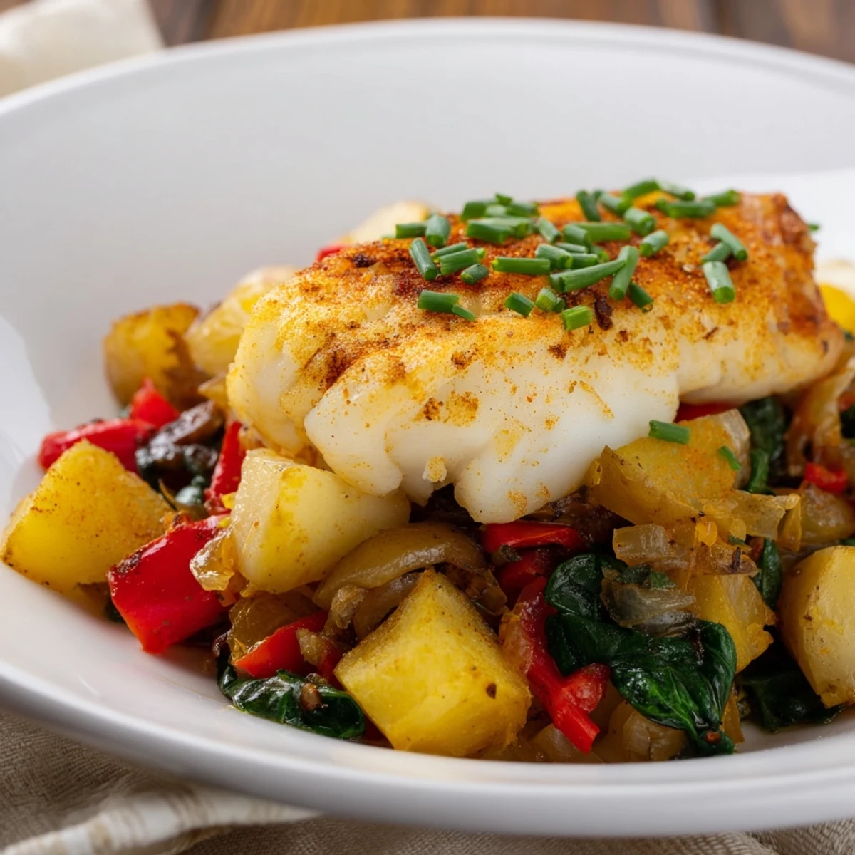 Serving suggestion for Baked Fish Breakfast Hash, featuring a hearty skillet meal with smoked paprika aroma and lemon wedges on the side.