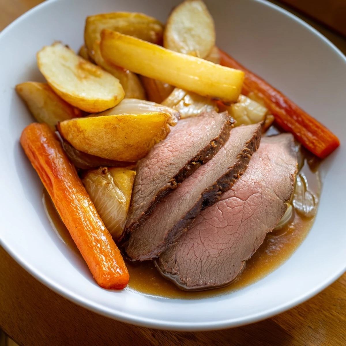 A close-up of the Beef Supper Roast Dinner with sliced, juicy beef and crispy roasted vegetables on a rustic platter.