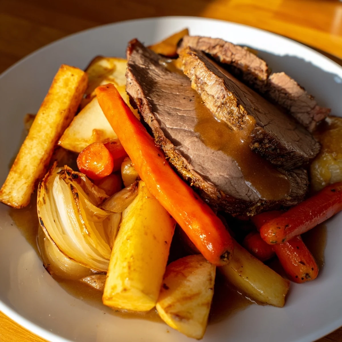 The hearty Beef Supper Roast Dinner features tender slices of beef with golden potatoes and carrots ready to serve.