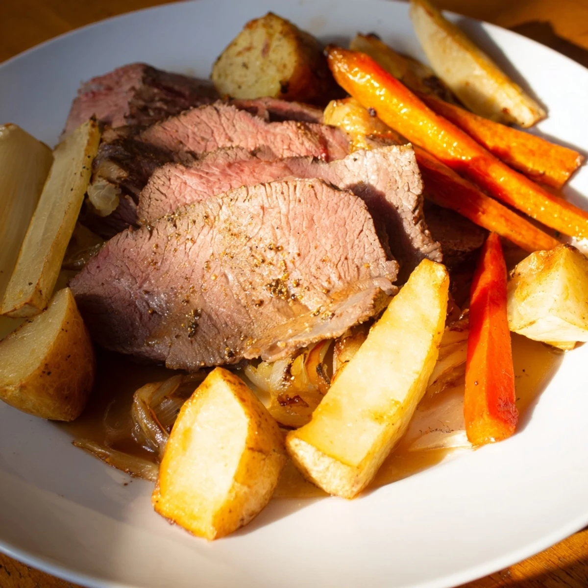 Freshly cooked Beef Supper Roast Dinner garnished with herbs and served with rich gravy for a comforting family meal.