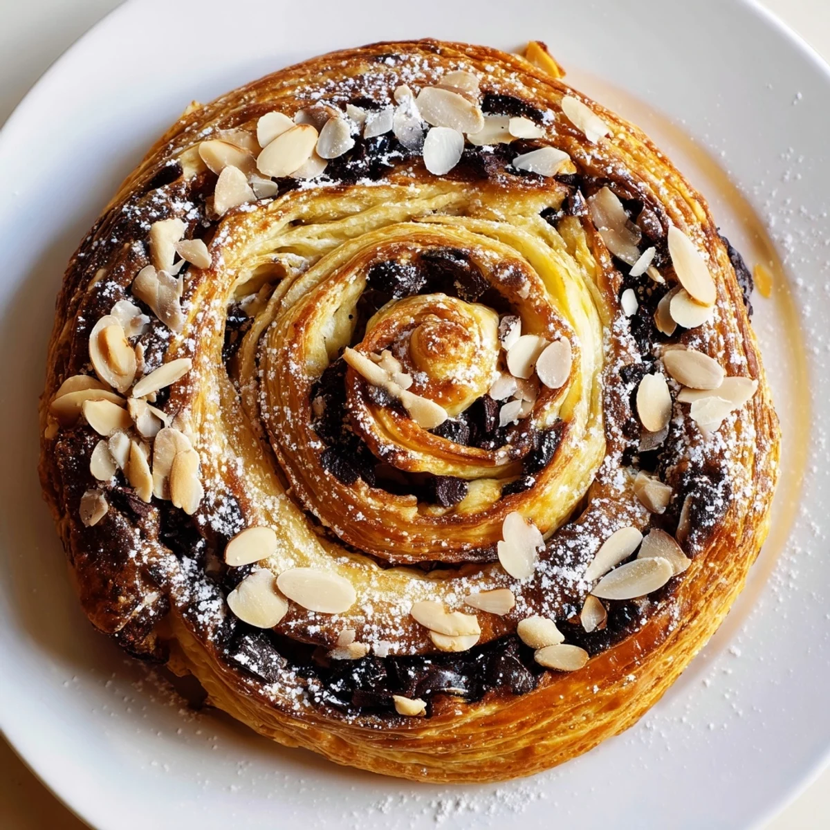 Freshly baked Chocolate Breakfast Pastry Roll spirals, dusted with powdered sugar, served warm with a steaming cup of coffee on a rustic table.