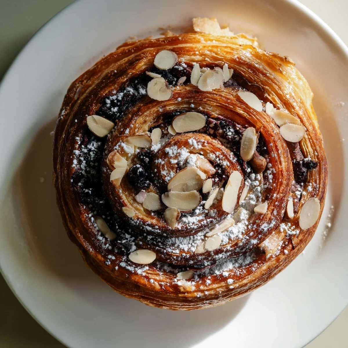 Golden-brown Chocolate Breakfast Pastry Roll sliced to reveal melted dark chocolate filling, garnished with sliced almonds and powdered sugar on a wooden board.