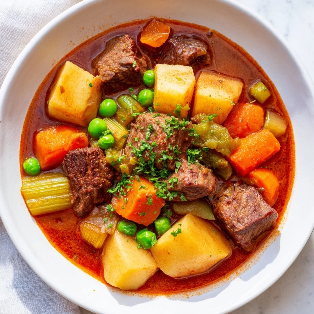 A steaming bowl of Winter Lunch Stew filled with tender beef chunks, root vegetables, and fresh parsley garnish.