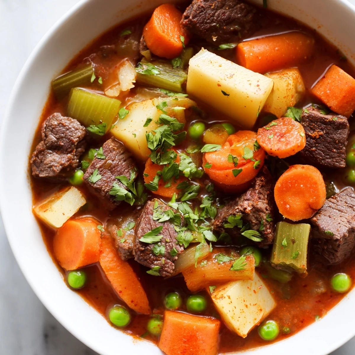 Cozy Winter Lunch Stew served in a rustic ceramic bowl, featuring hearty carrots, potatoes, and peas in rich broth.