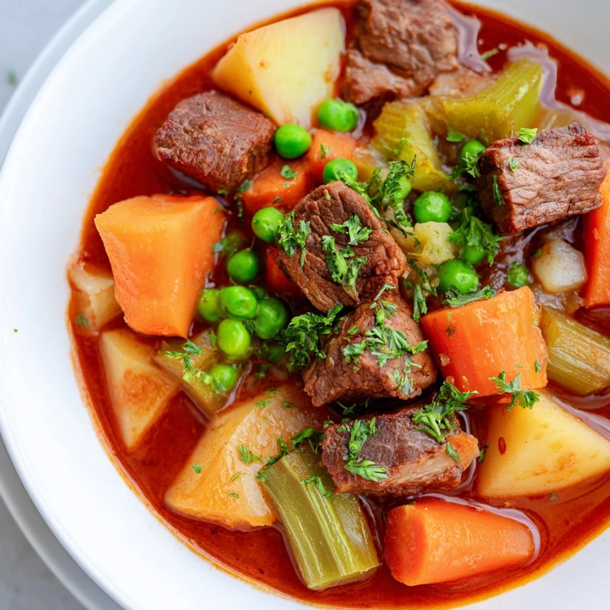Close-up of Winter Lunch Stew with rustic vegetables and juicy meat, ready to be served with crusty bread.