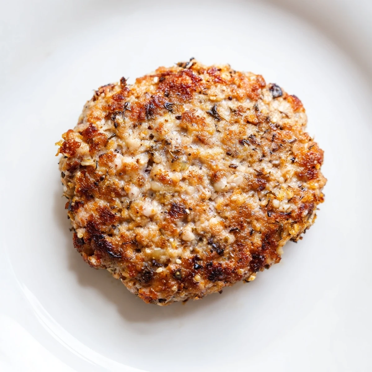 Golden-brown, juicy chicken breakfast sausage patties sizzling in a skillet, seasoned with sage and smoked paprika for a savory morning aroma.  