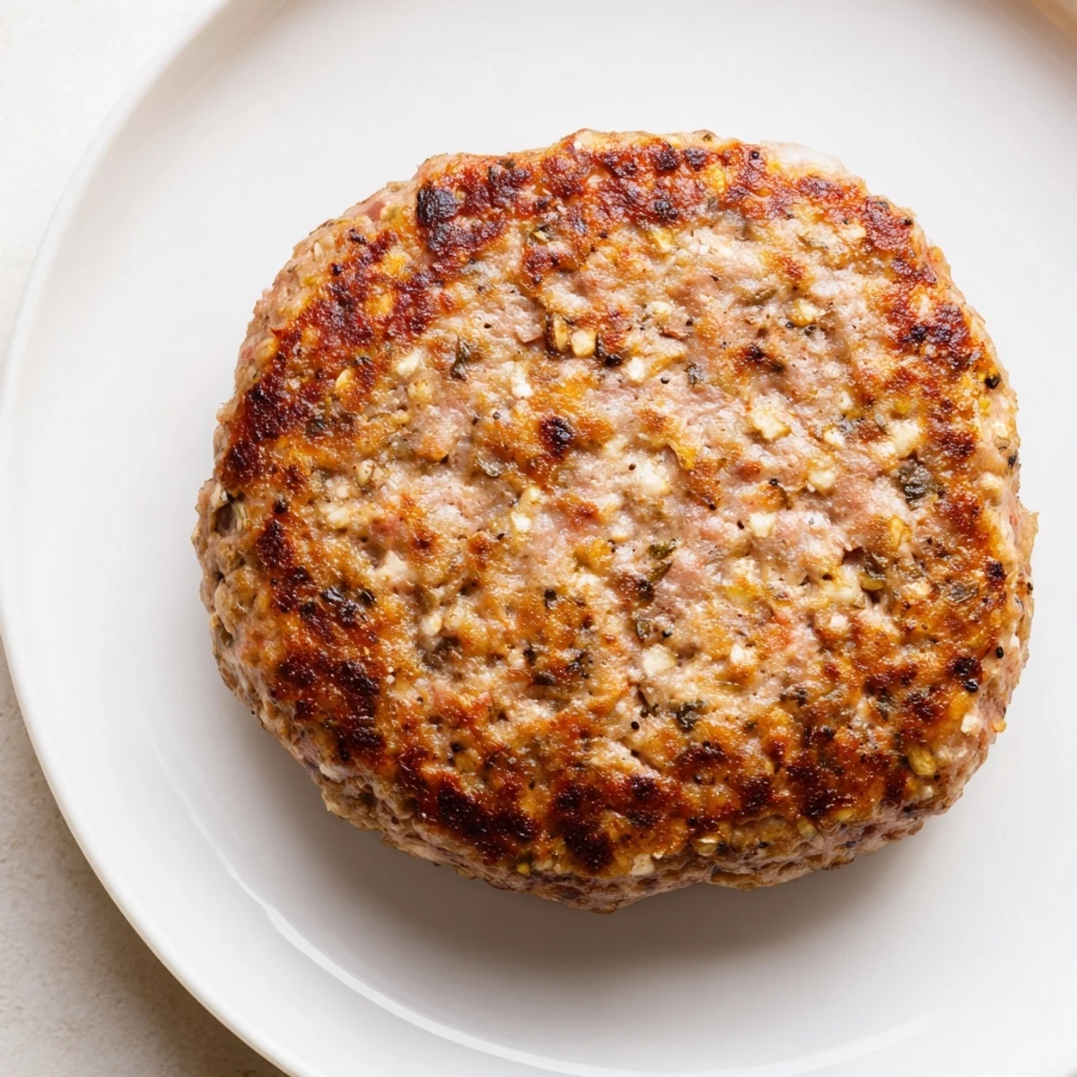 Freshly cooked chicken breakfast sausage patties served on a white plate with a drizzle of maple syrup and fresh herbs.  