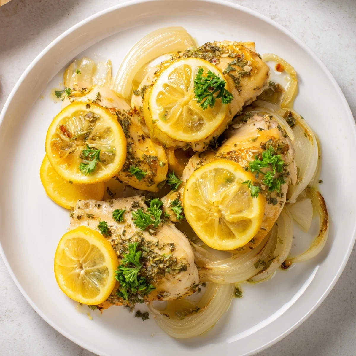 Tender chicken breasts baked with bright lemon slices and aromatic herbs in a savory, golden-brown pan sauce.  