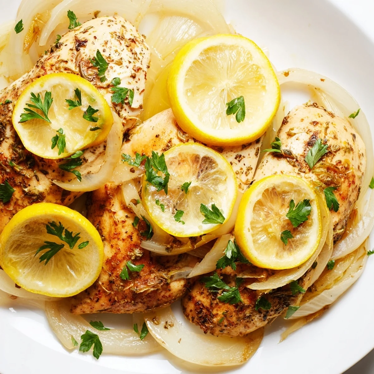 Golden-brown Lemon Supper Chicken Bake topped with fresh parsley, resting in a baking dish with onions and lemon.