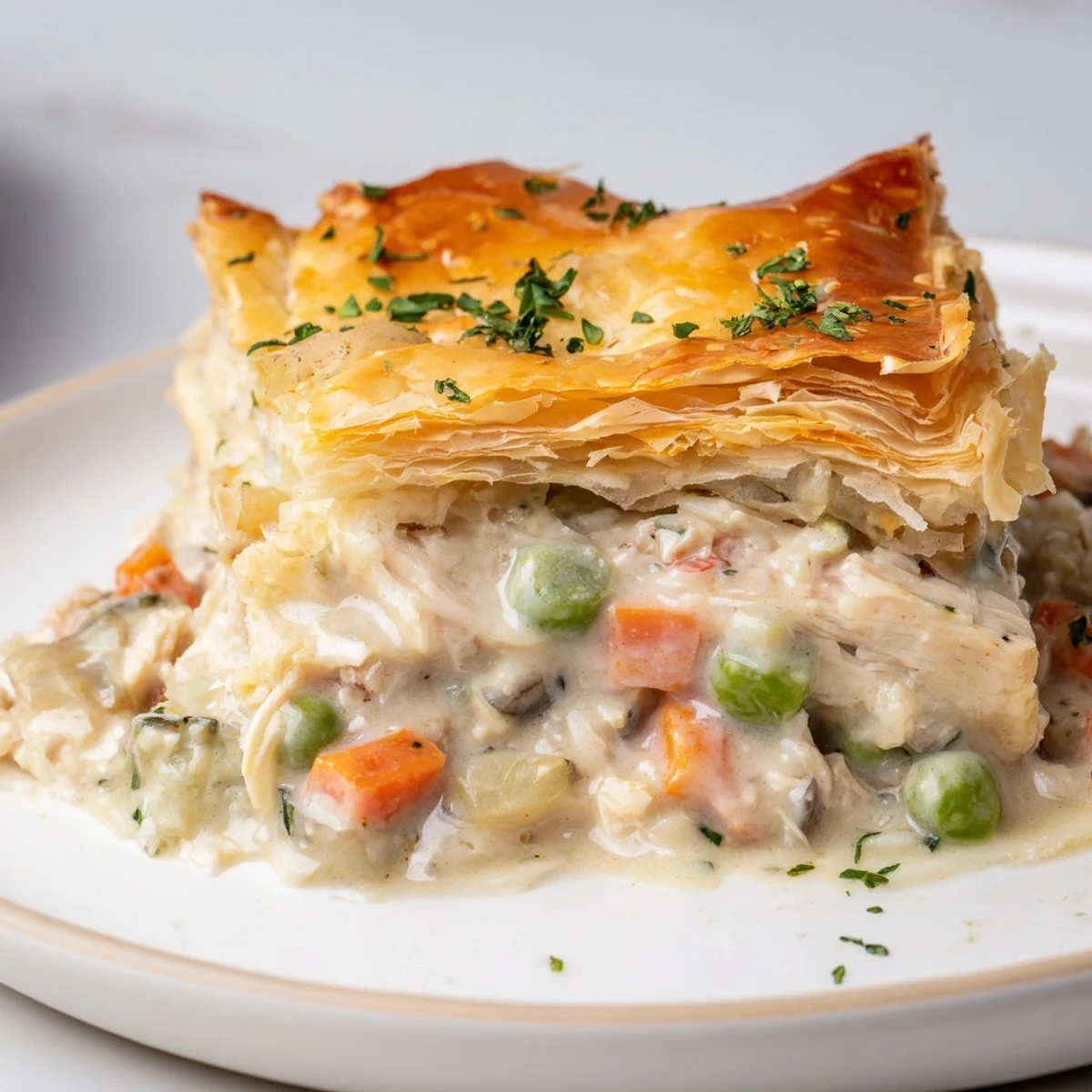 Freshly baked Chicken Supper Pie Pot with a golden egg-washed crust, ready to slice alongside a crisp green salad for dinner.