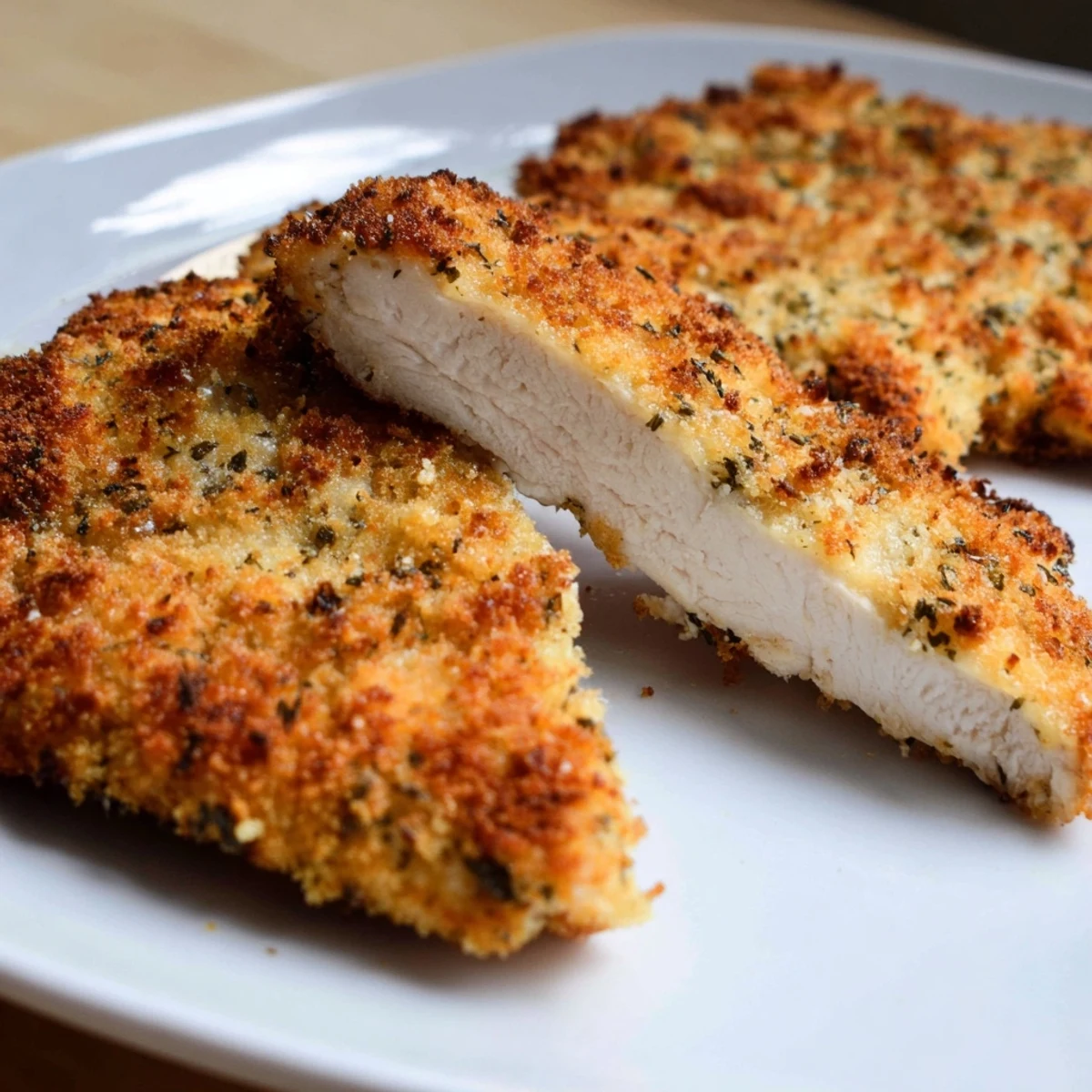 Golden brown Crispy Supper Chicken Cutlet on a white plate, sprinkled with fresh parsley and served with lemon wedges.