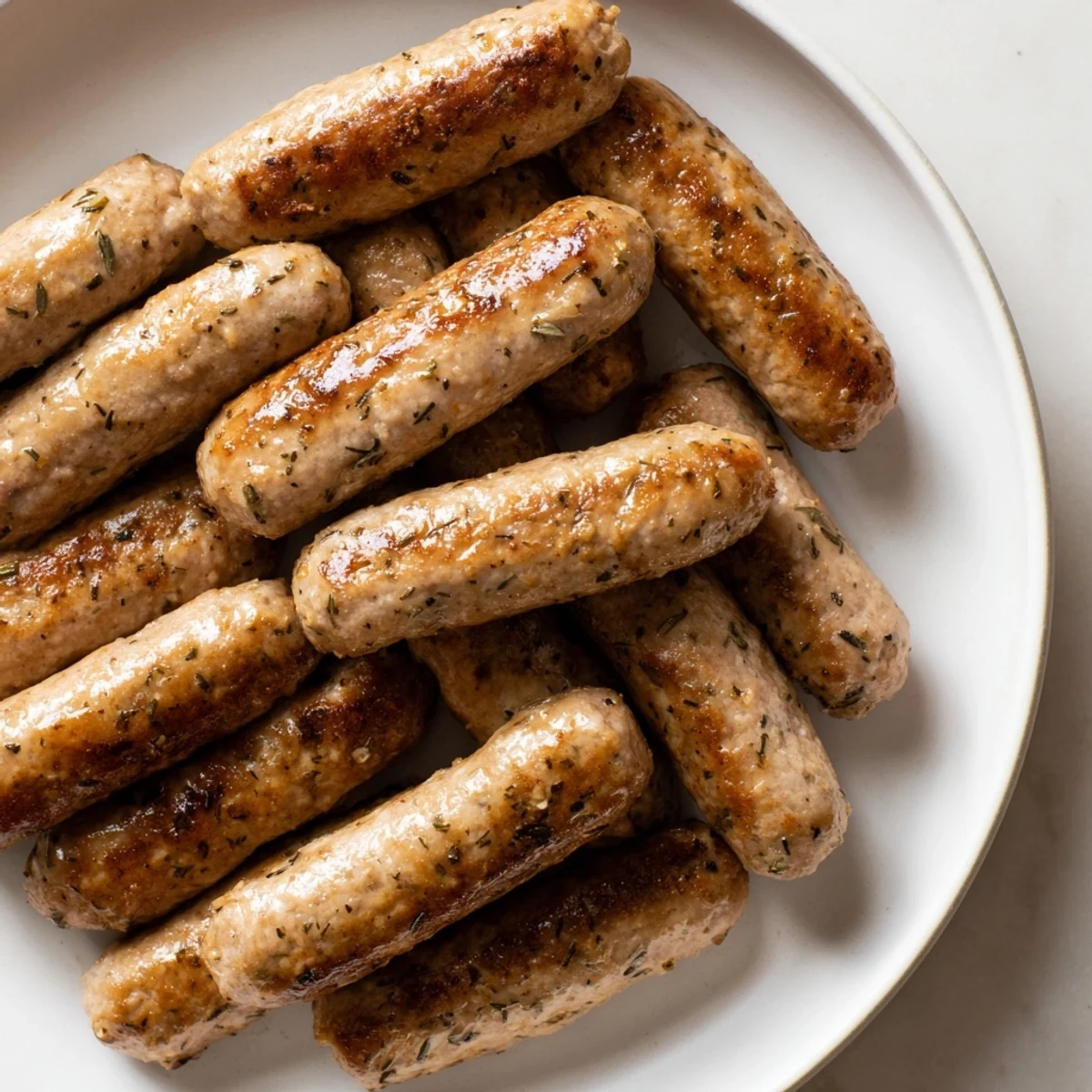Freshly cooked turkey breakfast sausage links plated with scrambled eggs and a side of buttery toast.