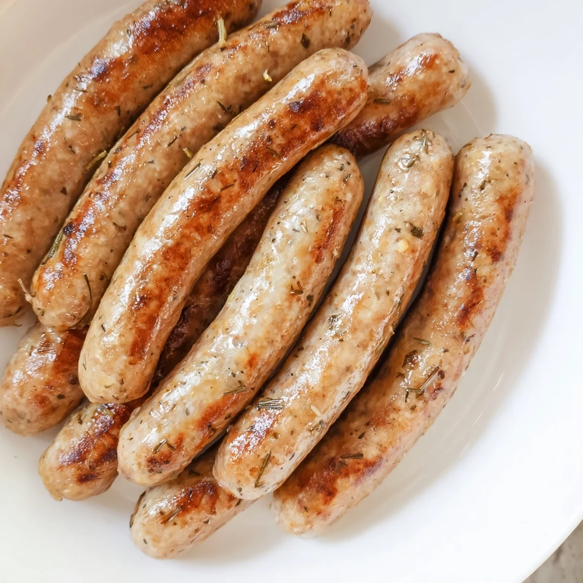 Juicy turkey breakfast sausage links shaped by hand, showcasing golden edges and a tender, meaty texture.