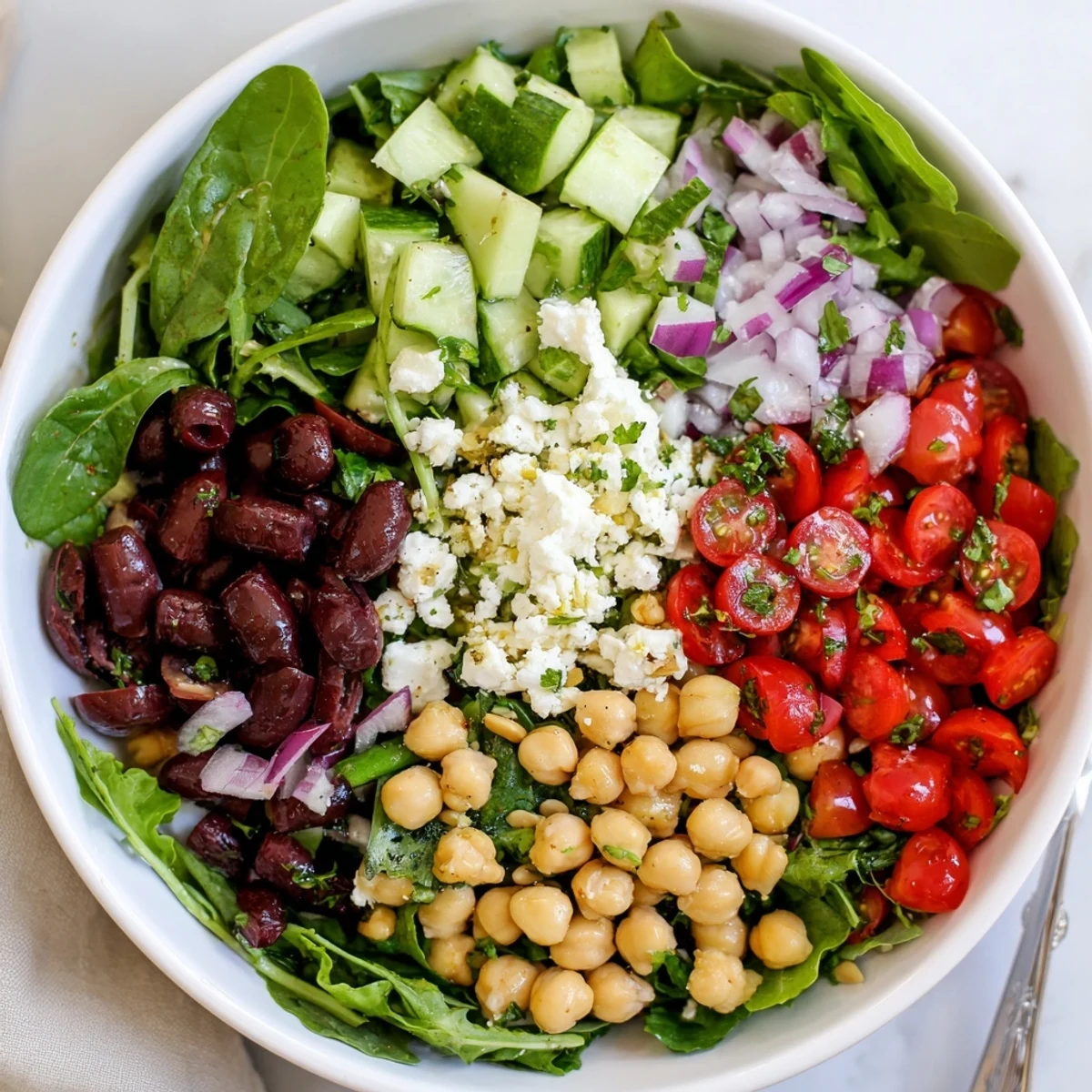 Colorful Mediterranean Supper Salad Bowl filled with fresh greens, chickpeas, and crumbled feta cheese.