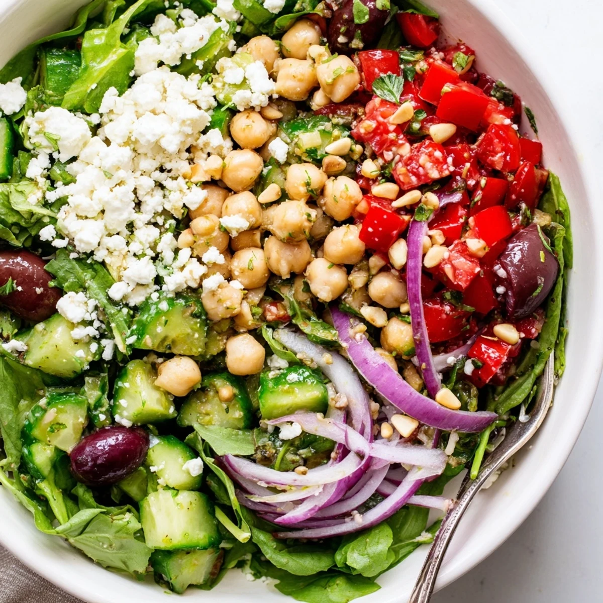 A vibrant Mediterranean Supper Salad Bowl with chickpeas, feta, and a zesty lemon-herb dressing.