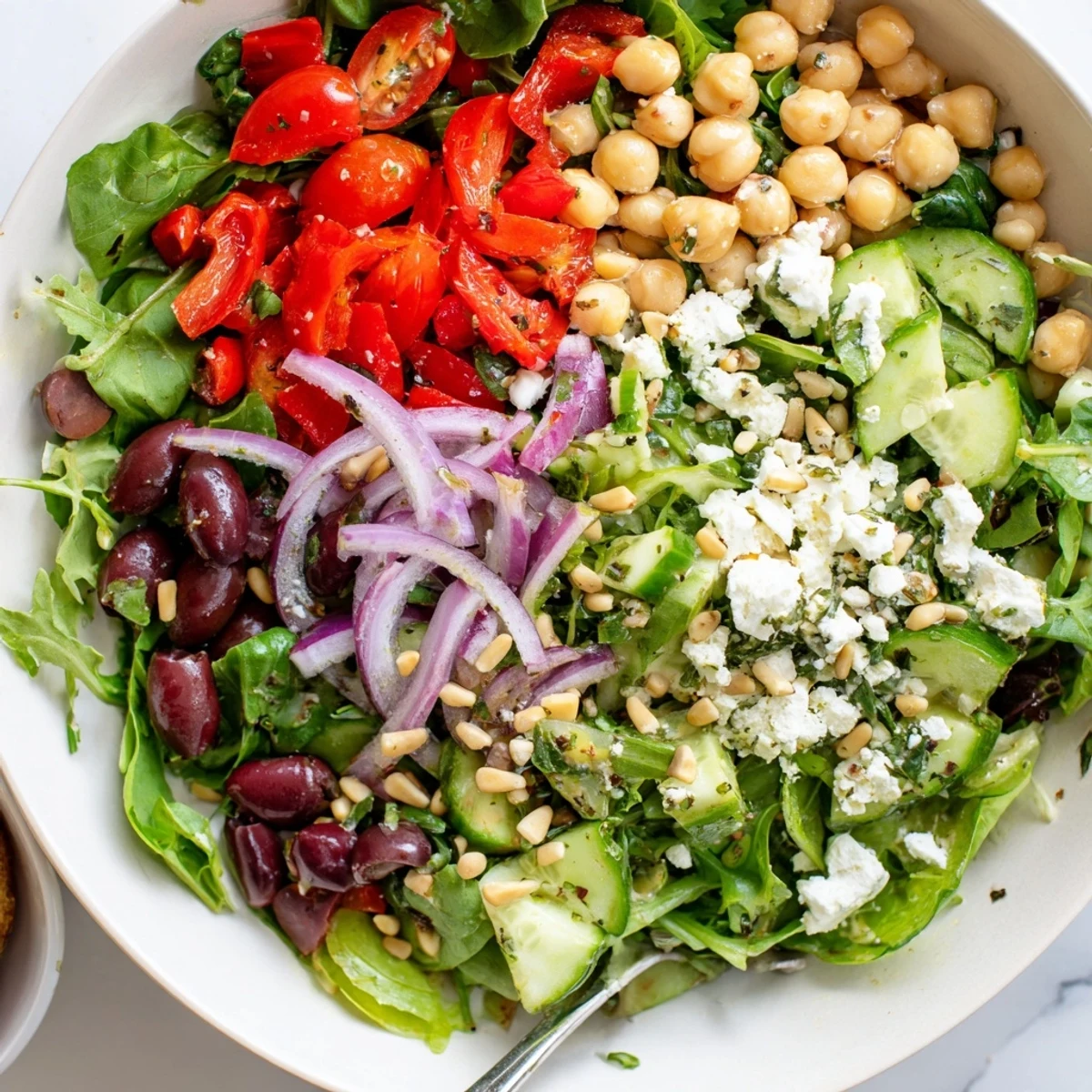 Ready-to-eat Mediterranean Supper Salad Bowl topped with olives, cherry tomatoes, and toasted pine nuts.