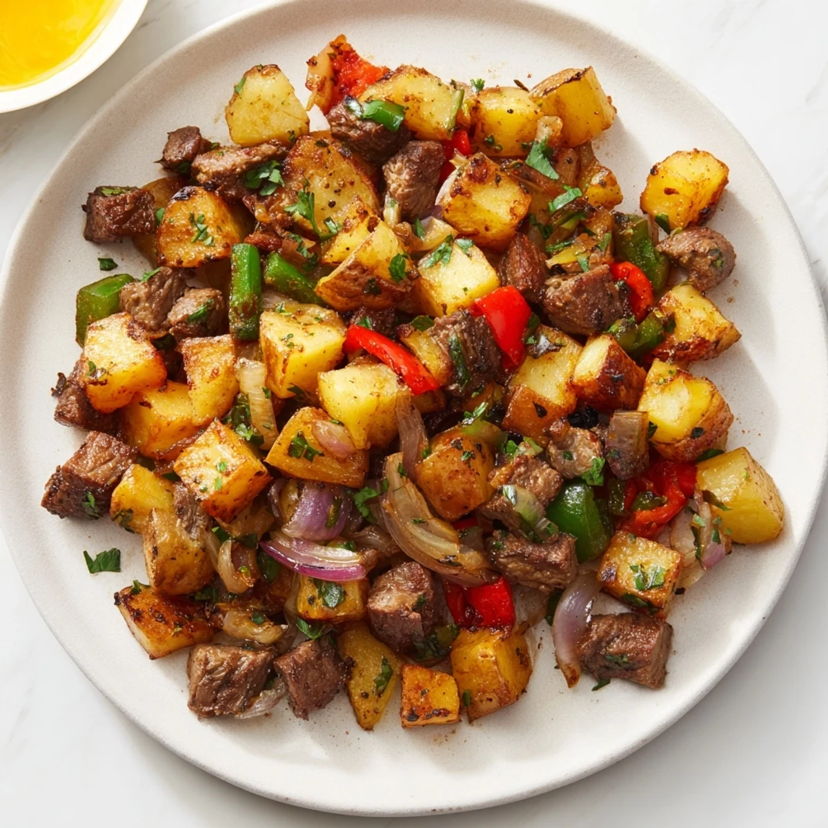 Golden beef breakfast hash potatoes sizzling in a cast-iron skillet with peppers and onions, topped with sunny-side-up eggs.  
