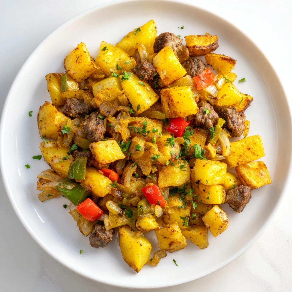 A close-up of beef breakfast hash potatoes, garnished with fresh parsley and served alongside sour cream and hot sauce.  