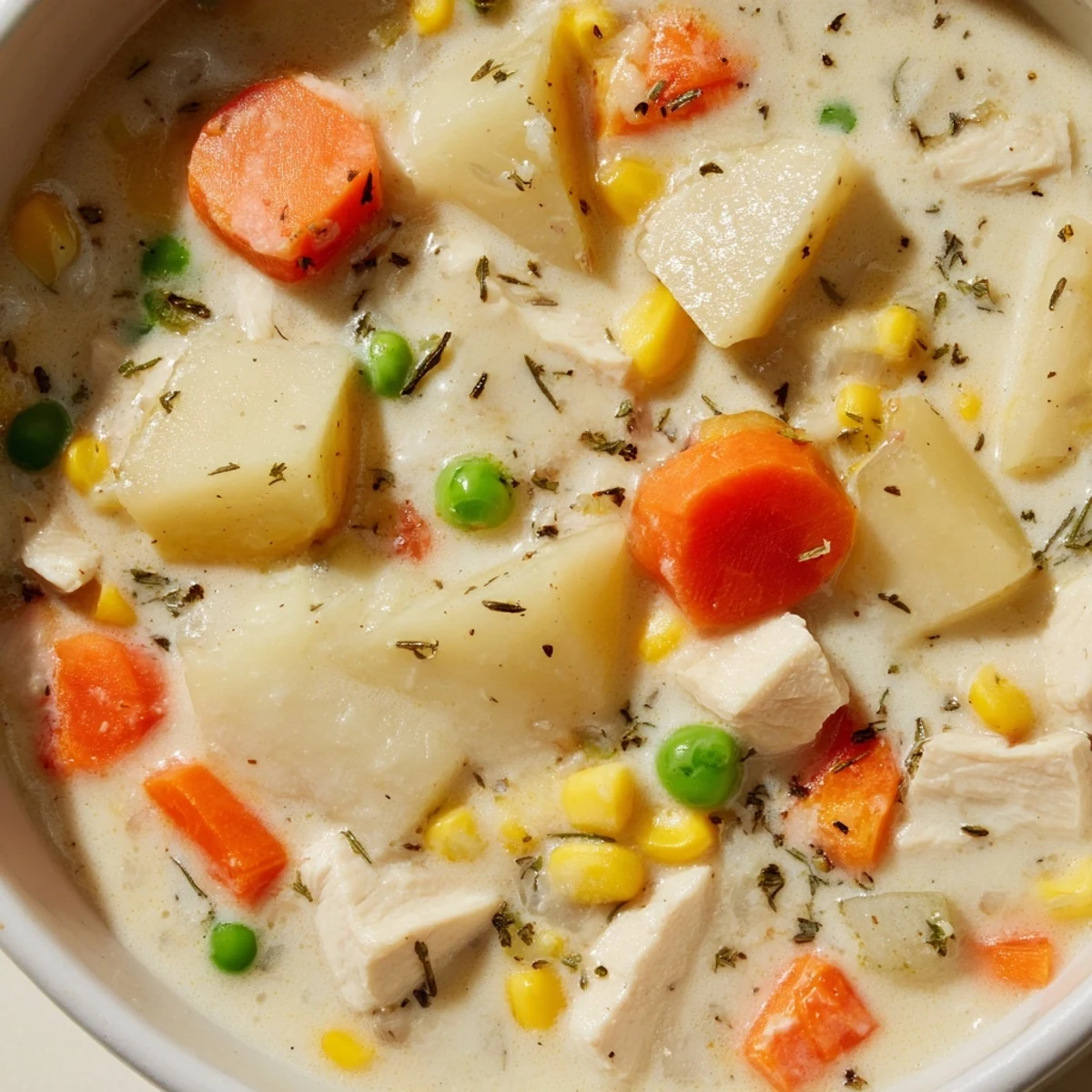 Creamy Supper Soup Pot steaming in a rustic bowl, garnished with fresh thyme and black pepper for a cozy dinner.