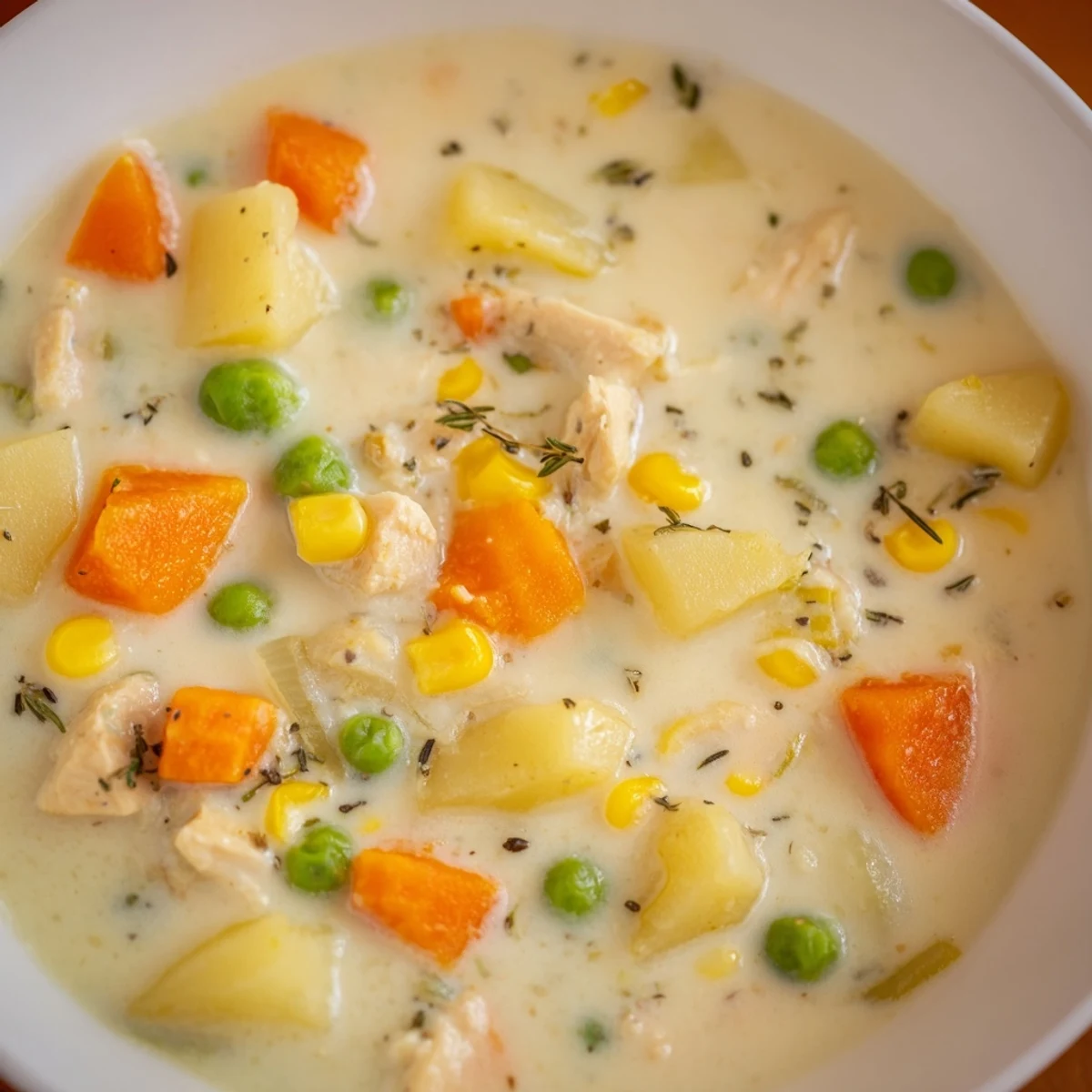 A ladle scoops into creamy chicken and vegetable soup, filled with corn, peas, and tender potatoes.