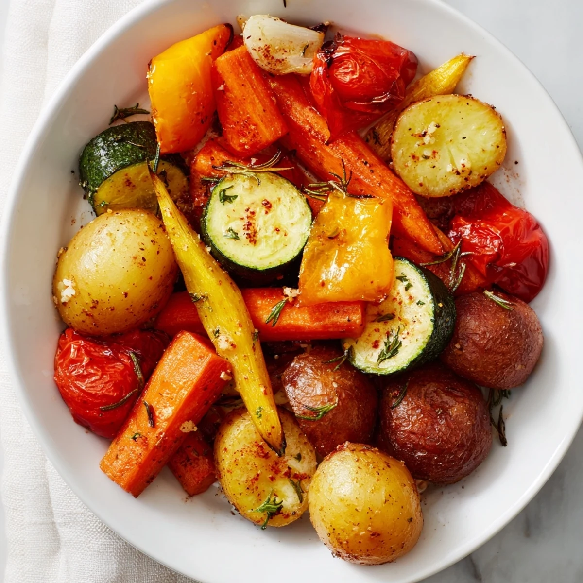 Golden roasted supper veggies tray with caramelized baby potatoes, carrots, and zucchini fresh from the oven.