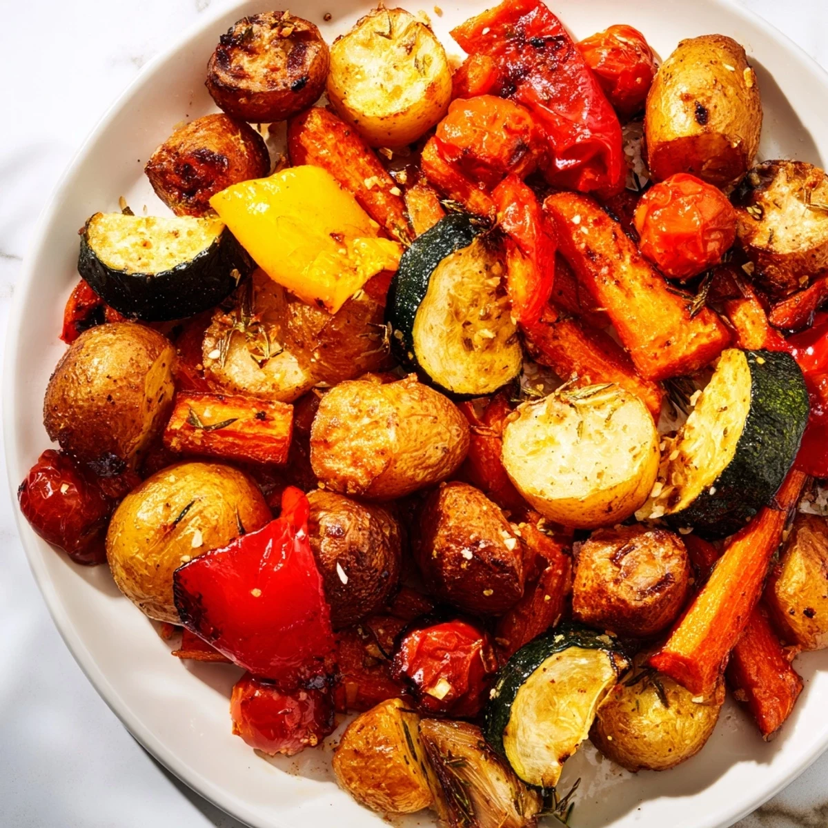 Sizzling roasted supper veggies tray with smoky paprika and rosemary seasoning, finished with a drizzle of balsamic glaze.