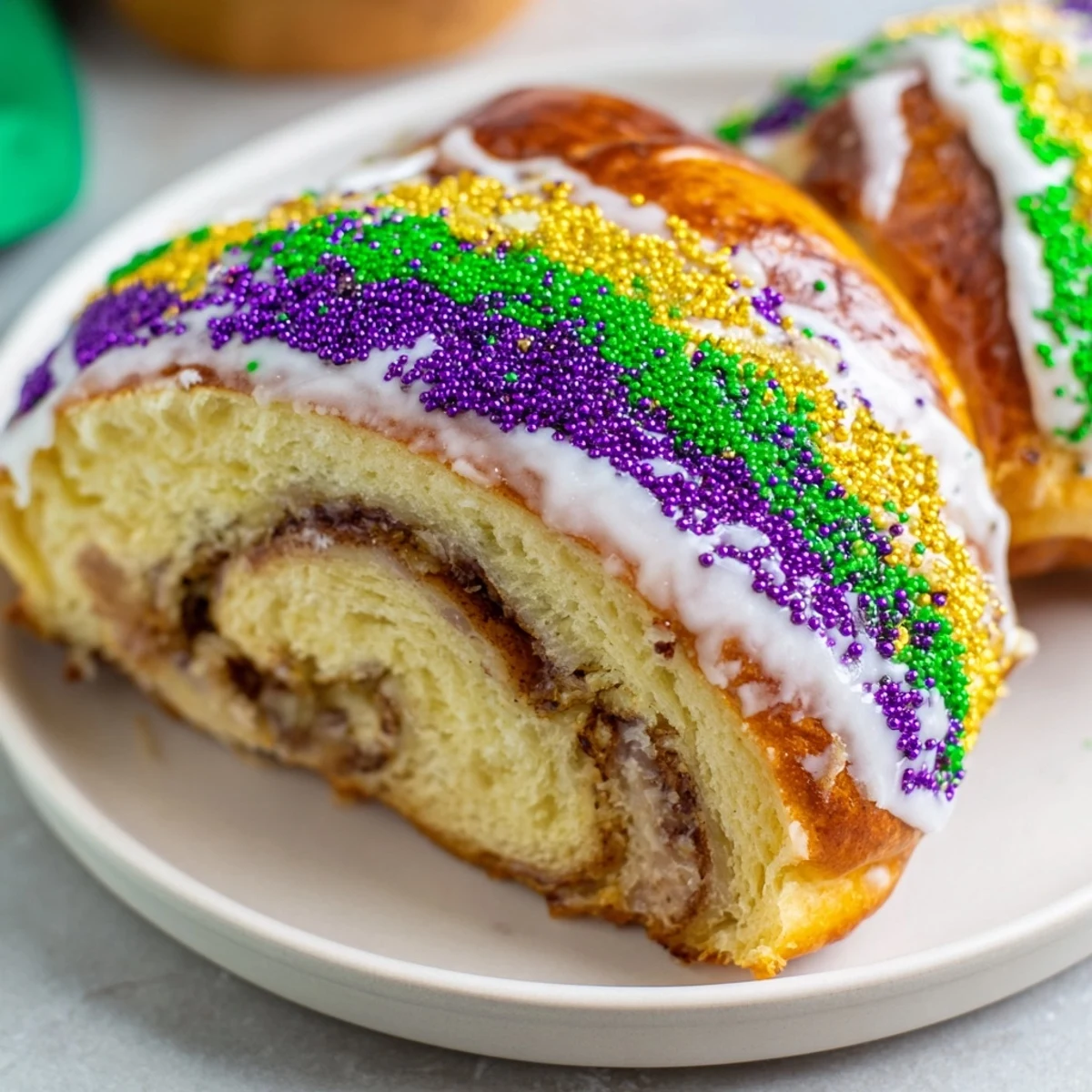 A golden-brown Mardi Gras King Cake with a visible cinnamon swirl, decorated in traditional purple, green, and gold sugars.  
