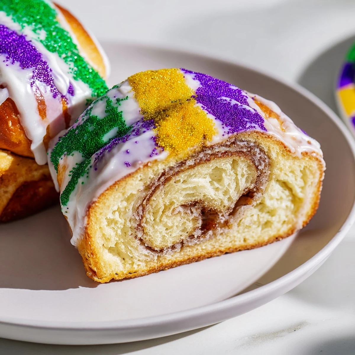 Sliced into a wedge revealing the sweet cinnamon filling inside this festive Mardi Gras King Cake, perfect for a Carnival celebration.  