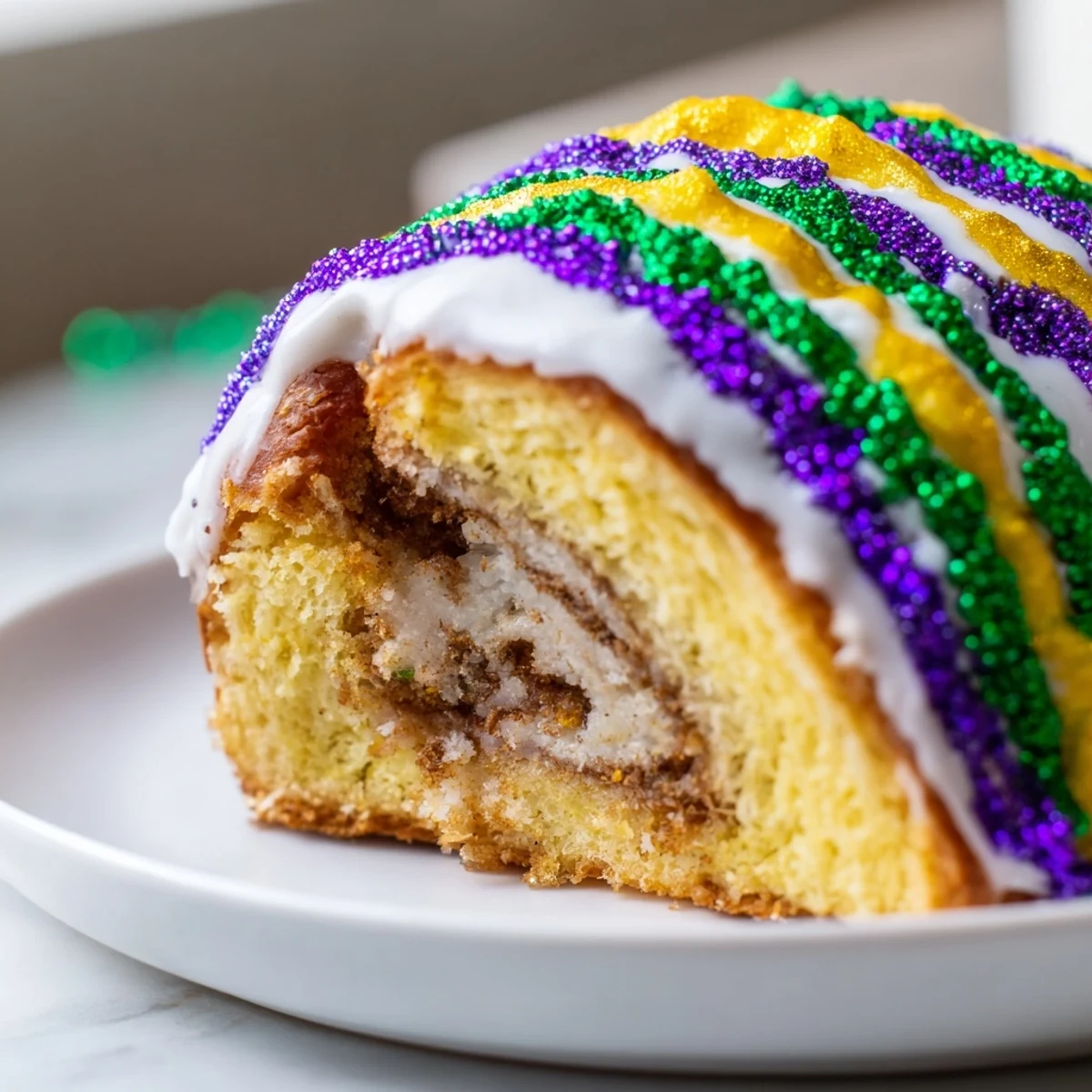 A festive Mardi Gras King Cake glistening with icing and colorful sugars, ready to be served as a joyful dessert centerpiece.