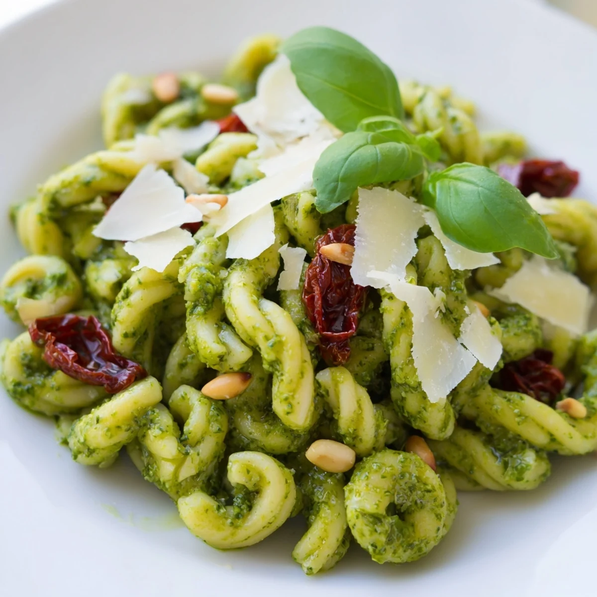 Close-up of Green Pesto Pasta with Sun-Dried Tomatoes twirling on a fork, highlighting the glossy pesto sauce and tender tomato pieces.