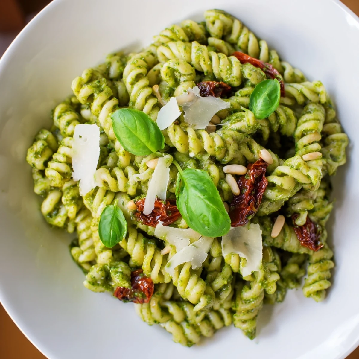 Green Pesto Pasta with Sun-Dried Tomatoes served in a rustic ceramic bowl, garnished with fresh basil leaves and a generous sprinkle of Parmesan cheese.  