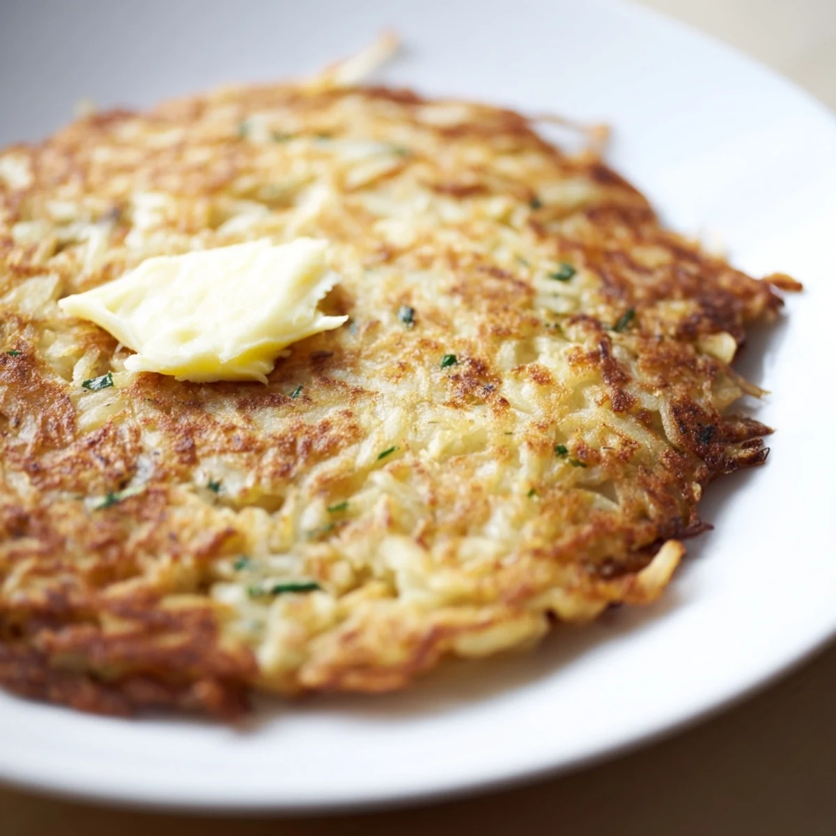 Stack of savory Irish Boxty pancakes showcasing the blend of mashed and grated potatoes, glistening with melted butter and finely sliced scallions.