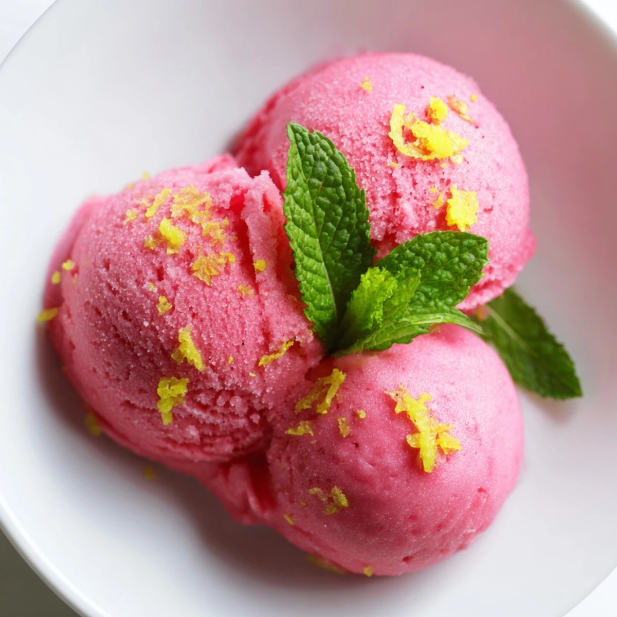A bowl of vibrant pink lemonade sorbet with fresh mint garnish, scooped and ready to serve on a hot summer day.