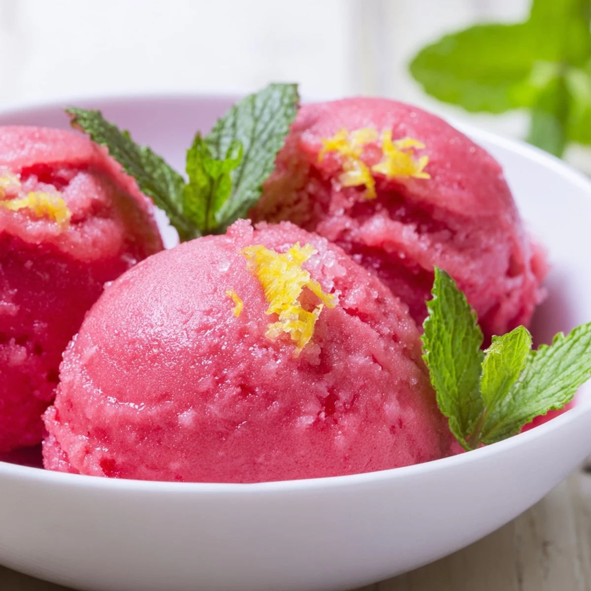 Homemade pink lemonade sorbet with fresh mint, served in a chilled bowl and topped with a mint leaf garnish.