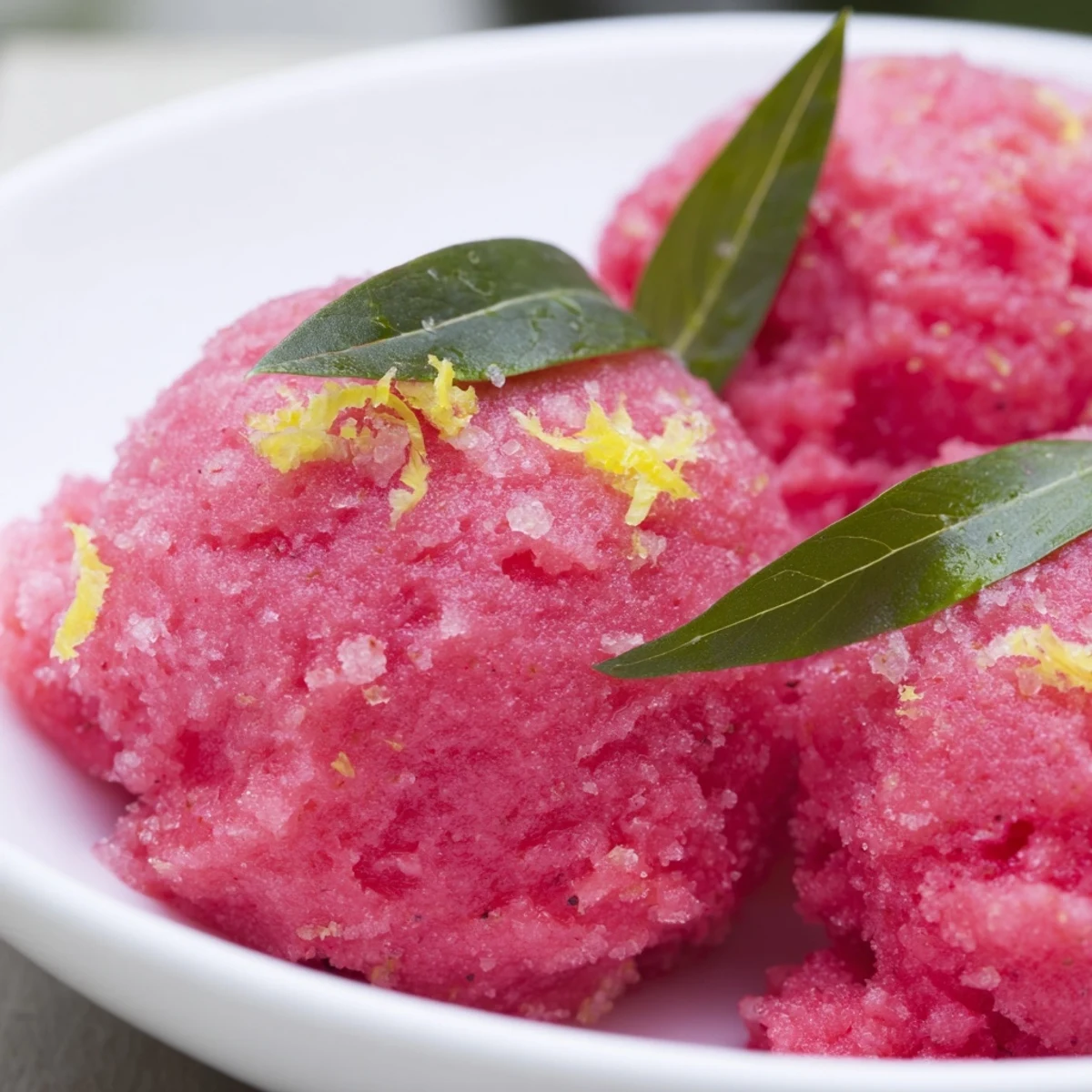 Frothy, light pink lemonade sorbet with fresh mint leaves in a clear glass bowl, capturing a refreshing summer dessert.