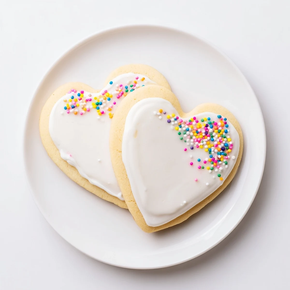 A stack of Heart Shaped Sugar Cookies with Royal Icing, featuring crisp white icing details against soft buttery cookie surfaces.  